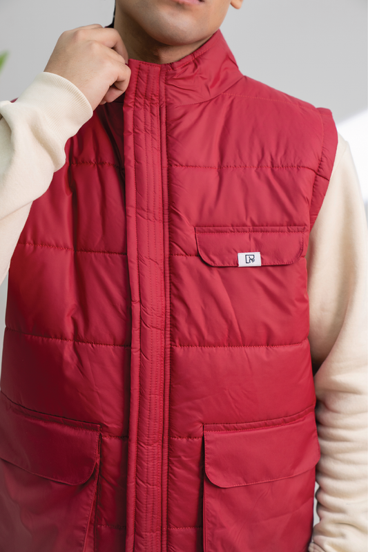 BURGUNDY SLEEVLESS PUFFER JACKET