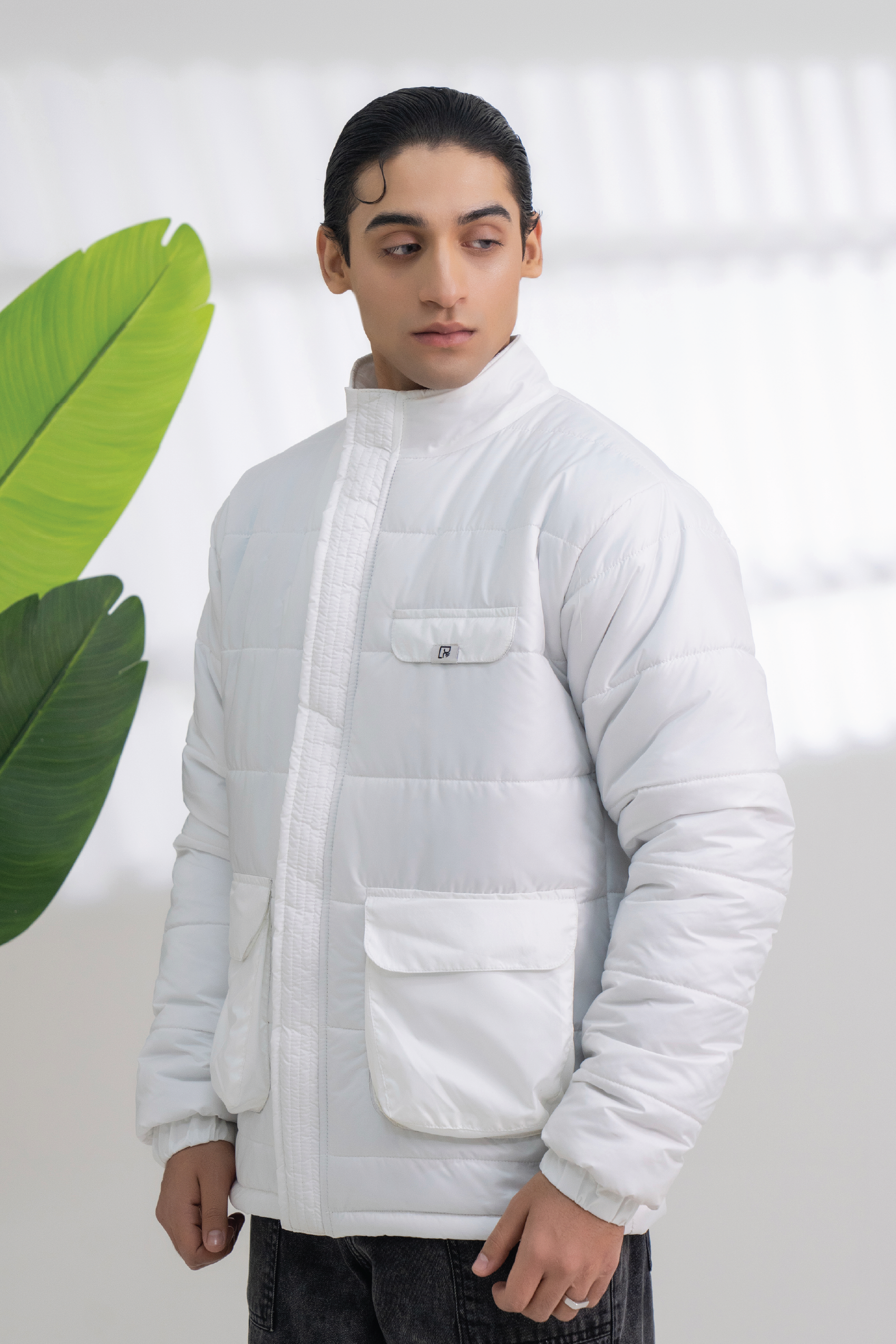 ASH WHITE FULL SLEEVES PUFFER JACKET