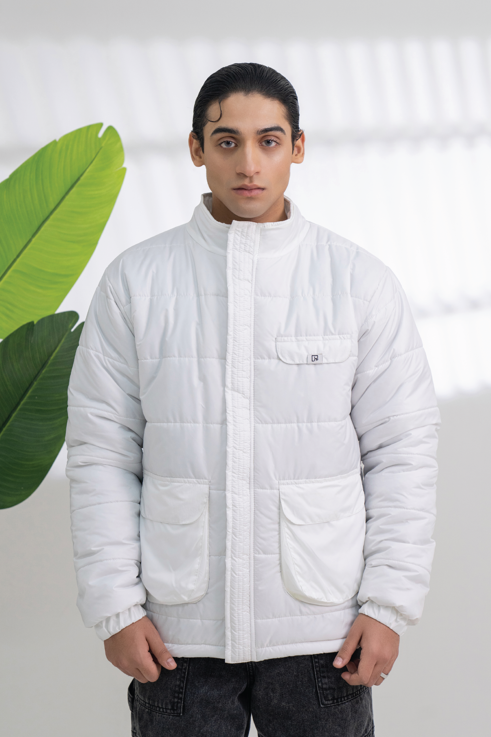 ASH WHITE FULL SLEEVES PUFFER JACKET